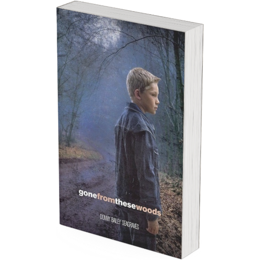 Gone From These Woods book cover With a young boy standing by a road that leads into the woods.

